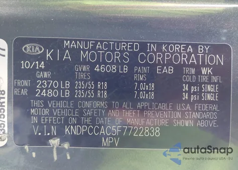 2015 Kia Sportage Ex from USA, damaged, VIN KNDPCCAC5F7722838